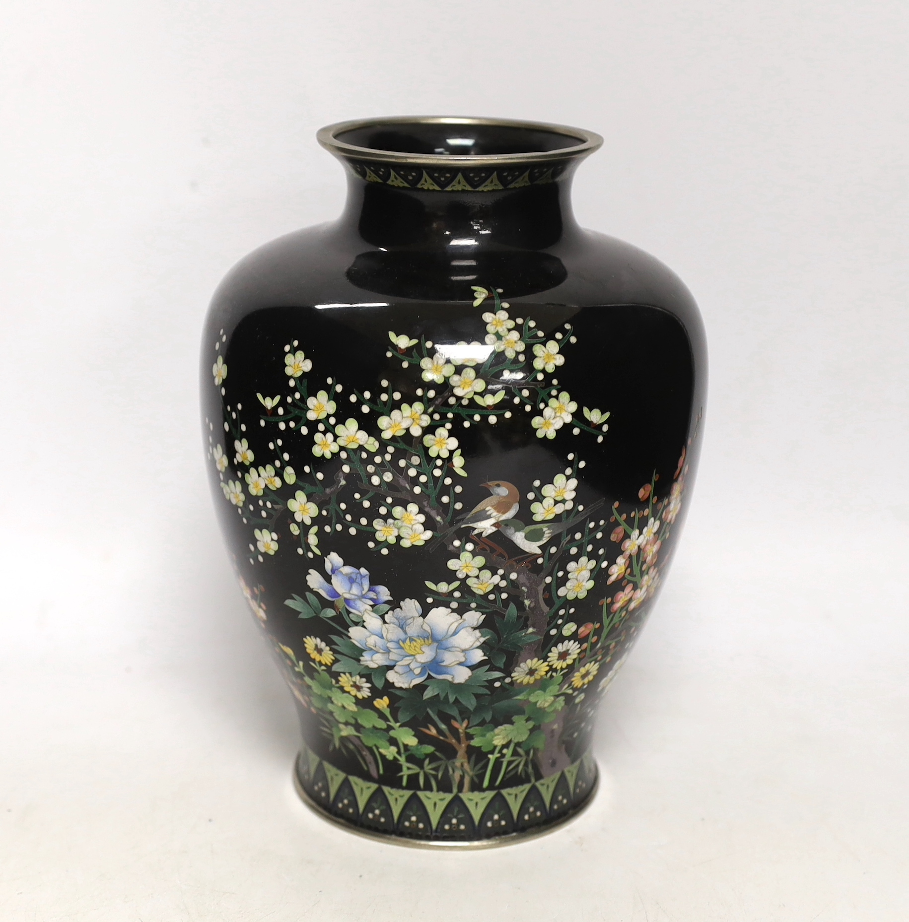 A Japanese silver wire cloisonné enamel vase, early 20th century, enamelled with birds and flowers, 25cm high